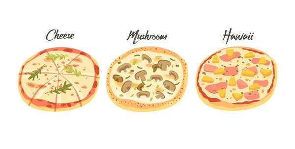 Käse, Pilze und Hawaii-Pizza, Fast-Food-Ikonen. Street Junk Meal, Imbiss zum Mitnehmen mit Grün, Gemüse — Stockvektor