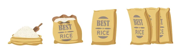 Best Rice Burlap Bags, Open Sacks with Farm Production Grains and Scoop in Brown Textile Bales (dalam bahasa Inggris). Sacks Tertutup dengan Cetak - Stok Vektor