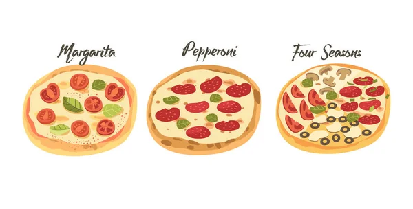 Fast Food-Ikonen. Pizza mit Pilzen, Tomaten und Käse, Pepperoni, Margarita und Four Seasons Street Junk Meal oder Snack — Stockvektor