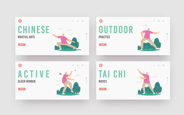 Tai Chi Landing Pagina Template Set. Oudere vrouw oefening voor gezondheid, flexibiliteit en welzijn. Senior Character Workout — Stockvector