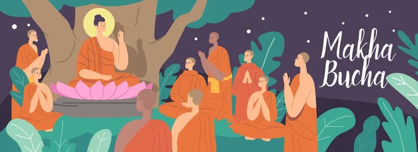 Makha Bucha wenskaart. Boeddha Zittend in Lotus Bloem onder Bodhi Boom 's nachts omringd met Boeddhisten Monniken — Stockvector