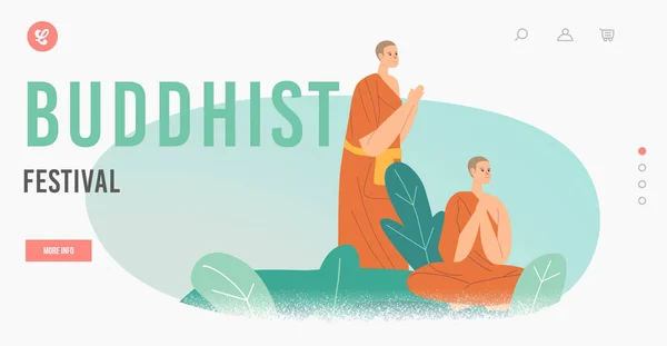 Boeddhist Festival Landing Page Template. Boeddhisme Monniken dragen oranje gewaden Bidden of mediteren voor verlichting — Stockvector