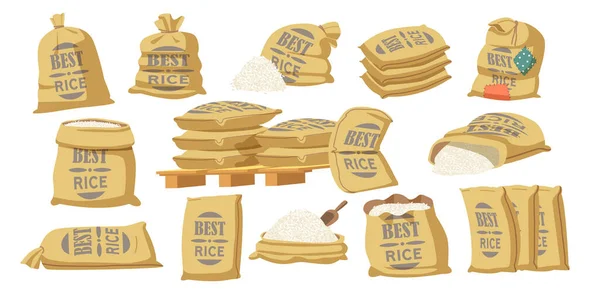 Set van Best Rice Cartoon Sacks met typografie. Textielzakken met landbouwproductie in bruine balen, gesloten en open zakken — Stockvector