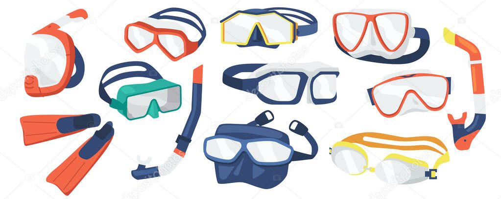 Set of Diving Equipment Snorkeling Masks, Scuba Diver Tools of Different Design. Underwater Glasses, Mouthpiece Tubes
