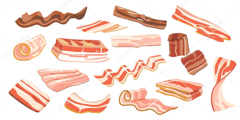 Set Thin Bacon Strips, Rashers Isolated on White Background. Brisket or Ham, Tasty Snack, Delicious Food for Breakfast
