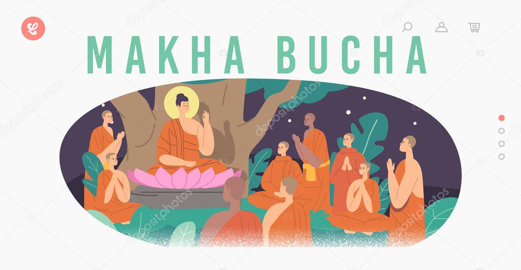 Makha Bucha Landing Page Template. Buddha Sitting in Lotus Flower under Bodhi Tree surrounded with Buddhists Monks