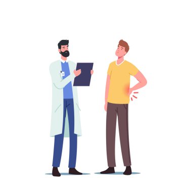 Sırt ağrısı hastalığı. Doktor Randevusu 'nda Hastalıklı Hasta Erkek Karakteri Sırt Ağrısı, Kas İltihabı veya Yaralanma