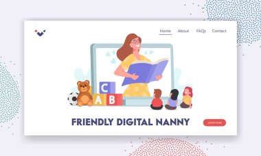 Friendly Digital Nanny, Babysitting Landing Page Template. Character Read to Kids. Baby Sitter Nanny Online Service clipart