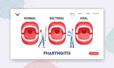 Farenjit İniş Şablonu. Gırtlak için termometre ve sprey kullanan Doktor Karakterleri Sunar Normal, Bakteriyel
