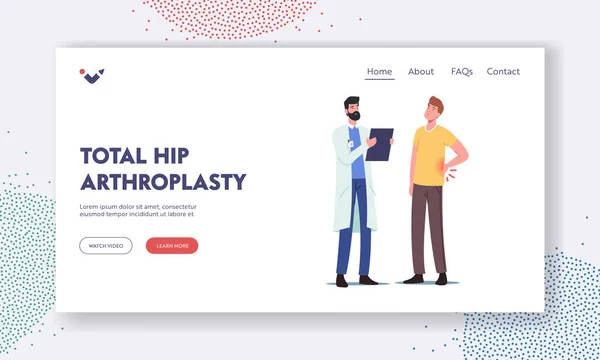 완전 한 Hip Arthroplasty Landing Page Template. 등에 통증 이 있는 환자의 남성성을 인정하지 않음 — 스톡 벡터