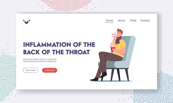 Ontsteking van de Back of Throat Landing Page Template. Griep, faryngitis of amandelziekte. Ziek karakter met koude — Stockvector