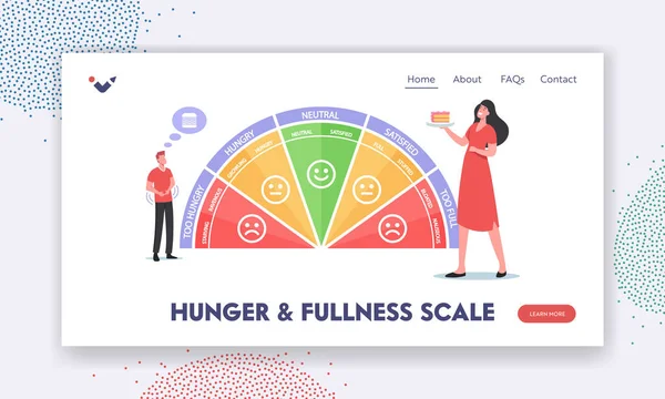 Hunger and Fullness Scale Landing Page Template (em inglês). Personagens em Chart Starving, Ravenous, Growling, Hungry. Neutro — Vetor de Stock