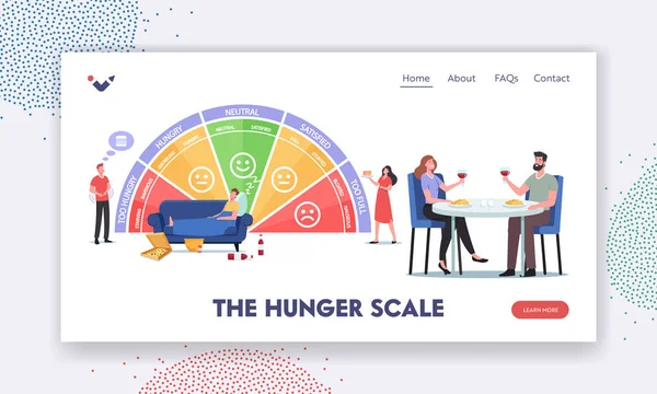 Hunger Scale Landing Page Template. Characters Starving, Ravenous, Growling, Hungry. Neutral, Satisfied, Full, Stuffed — стоковий вектор