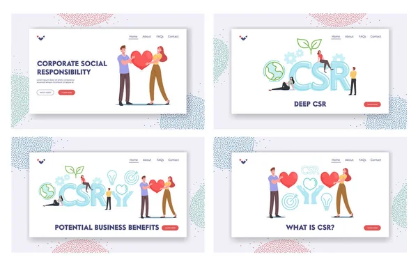 Csr Landing Page Template Set. Responsabilidad Corporativa, Ciudadanía Social. Pequeños personajes de negocios tienen el corazón — Archivo Imágenes Vectoriales