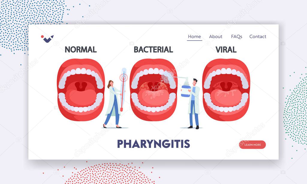 Pharyngitis Landing Page Template. Doctors Characters with Thermometer and Spray for Throat Presenting Normal, Bacterial