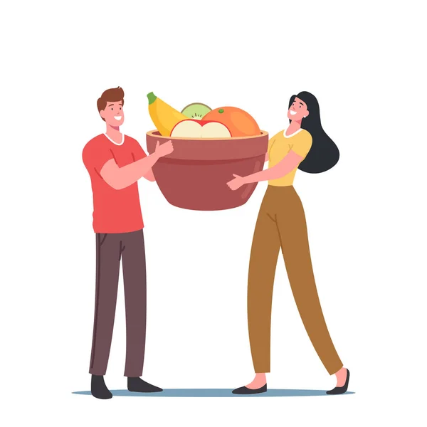 Pequeños personajes sosteniendo enorme cuenco con frutas frescas para la salud, nutrición fortificada, alimentos saludables para el cuidado de la piel — Vector de stock