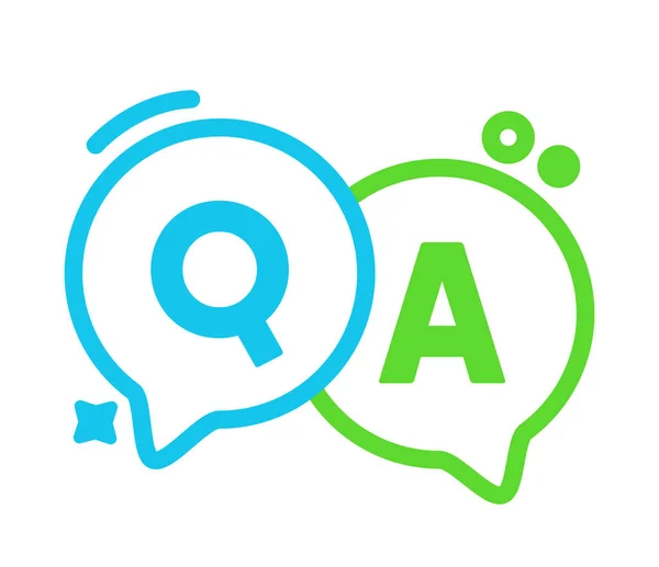 Q et A Bulles de parole linéaires, ballons de contour vert et bleu, concept de questions et réponses. Lettres majuscules, FAQ, — Image vectorielle