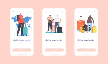 Çevrimiçi Seyahat Merkezi Mobil Uygulama Sayfası Ekran Şablonu Karakterler Seyahat Ajansı Satın Alma Turu Kullanıyor