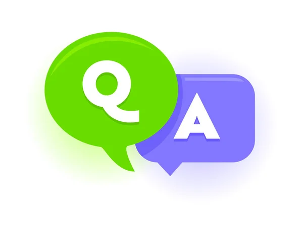 Fragen und Antworten zu Sprechblasen, grünen und violetten Luftballons. Großbuchstaben, FAQ, Chat-Symbole — Stockvektor