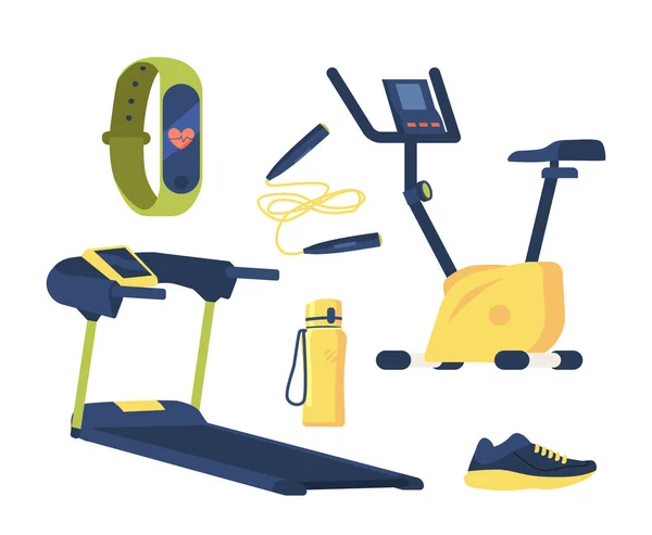 Set med Gym Utrustning Design Element Sneakers, Löpband, Cykel och Jump Rope med Smart klocka och vattenflaska objekt — Stock vektor