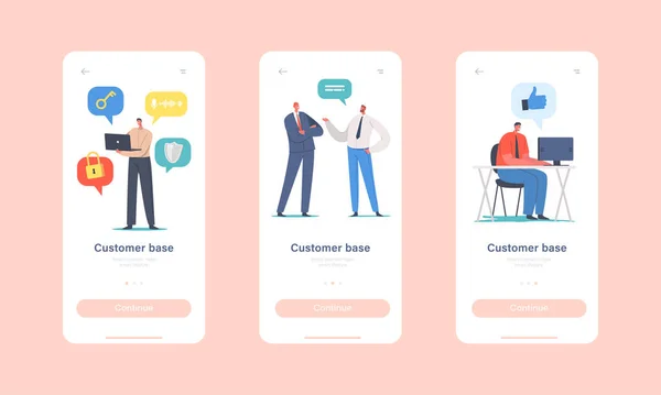 Customers Base Expand Mobile App Σελίδα επί του σκάφους Πρότυπο οθόνης. Επιχειρηματικοί χαρακτήρες που προσελκύουν νέους πελάτες — Διανυσματικό Αρχείο
