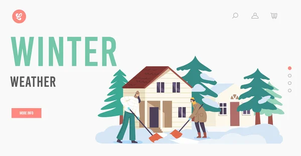 Plantilla de landing page de invierno. Personajes de la familia feliz trabajando fuera de la limpieza de la nieve con palas — Vector de stock