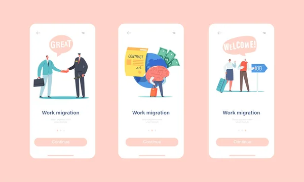 Pagina dell'app mobile Migrazione lavoro Modello a bordo dello schermo. Piccoli imprenditori Personaggi che lasciano la Patria Ricerca Lavoro — Vettoriale Stock