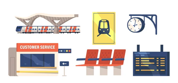 Комплект иконок здание вокзала, кабины обслуживания клиентов и дисплей цифрового графика, часы, пластиковые сиденья, поезд — стоковый вектор