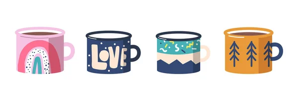 Набор различных чашки чая или кофе боковой вид. Кружки с различными орнаментами радуга, слово любви, ели и абстрактные пятна — стоковый вектор