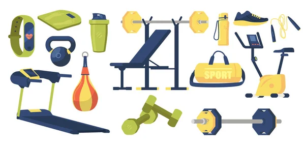 Set Gym-Elemente Sporttasche, Kurzhanteln, Langhantel und Waage, Boxsack, Shaker, Stuhl, Turnschuhe, Laufband, Fahrrad — Stockvektor