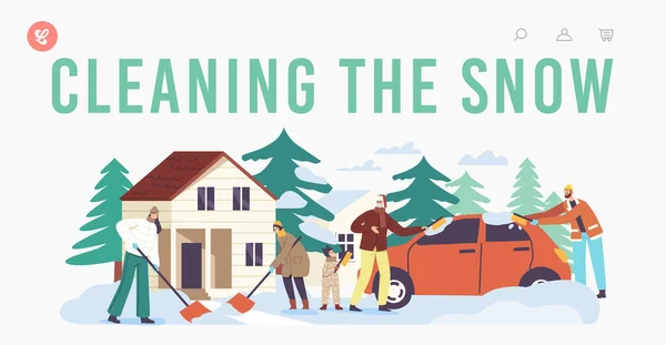 Familjerensning Snö Landning Page Mall. Glad karaktär föräldrar och barn skyffla snö från huset främre Yard — Stock vektor