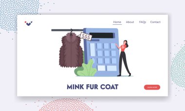 Mink Fur Coat İniş Sayfa Şablonu. Çok Pahalı Kürk Paltosunun Büyük Hesaplayıcı Fiyatına Küçük Kadın Karakter Sayısı
