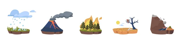 Ikonen des Klimawandels. Globale Umweltprobleme Hagelschauer, Steinschlag, Erwärmungseffekt, Waldbrände und Vulkanausbruch — Stockvektor