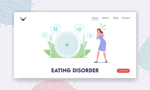 Comer desordem Landing Page Template. Woman Feel Nausea while Watching on Food. Anorexia ou Bulimia Vida não saudável —  Vetores de Stock