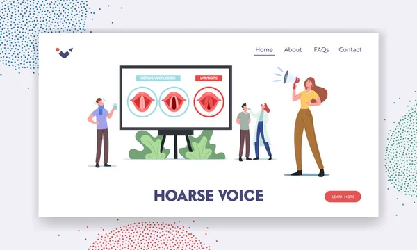 Hoarse Voice Landing Page Sablon. Apró orvos és páciens a nagy Infografikánál normál és beteg hangszálakkal — Stock Vector