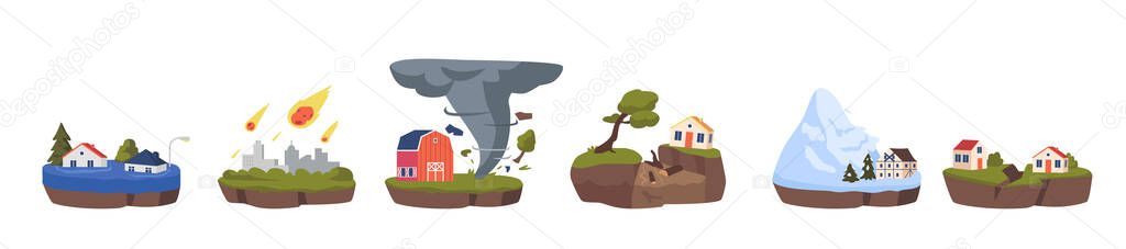Climate Change Icons Set. Global Warming and Pollution, Greenhouse Effect, Melting Glaciers, Deforestation and Flood