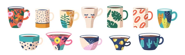 Вид на чайні або кавові чашки. Mugs with Trendy Ornaments Cacti, Cats, Polka Dots, Palm Leaf Branches, Spots — стоковий вектор