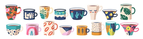 Встановіть чай або чашки для кави. Ceramic Crockery, Various Mugs with Trendy Ornament Cats, Lips, Rainbow and Palm Leaves, Lemon — стоковий вектор