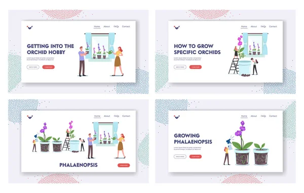 Storczyki Phalaenopsis Landing Page Template Set. Mały mężczyzna i kobieta znaków Rosną storczyki w doniczkach w domu parapet — Wektor stockowy