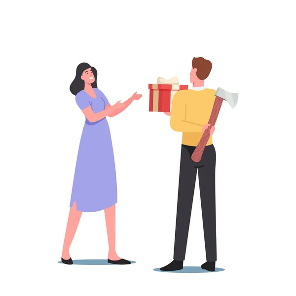 Sneaky Insincere Man Holding Axe Giving Gift Present Box to Woman. Husband Hiding His True Feelings From Trusting Wife — Stock Vector