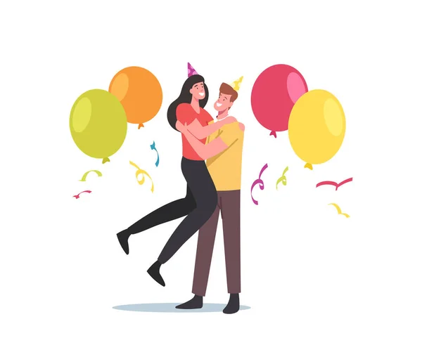 Couple amoureux câlins, personnages masculins et féminins dans les casquettes de vacances, confettis et ballons célèbrent ensemble l'anniversaire — Image vectorielle