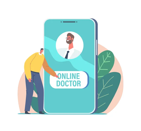 Online Geneeskunde Concept. Kleine man karakter drukknop om de dokter te bellen via internet op Enorme Smartphone Screen — Stockvector