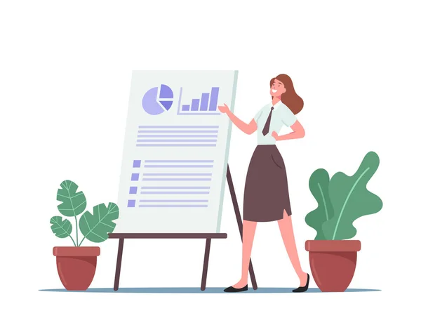 Business Meeting, Projektpräsentation für Publikum, Business Coach Character Pointing auf Financial Pie Chart on Board — Stockvektor