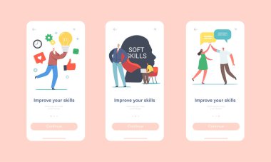 Skills Mobil Uygulama Sayfası Ekran Şablonunu Geliştir. Dev İnsan Başı 'ndaki Minik Karakterler. Ofis İşçileri Empati