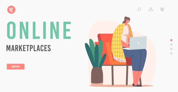 Online Marketplaces Modelo de Landing Page. Relaxado mulher de negócios ou freelancer trabalhando no laptop sentado na cadeira —  Vetores de Stock