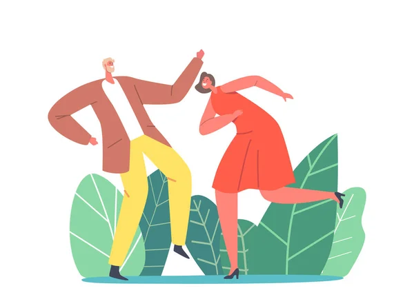 Postavy tančící na diskotéce. Muž a žena v módním oblečení slaví dovolenou, tráví spolu čas — Stockový vektor