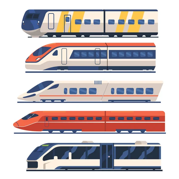 Set Train, Τραμ και Metro Side View, Μετρό Locomotive on Rails, Modern Commuter City Transport, Σιδηροδρομικές Λειτουργίες Οχημάτων — Διανυσματικό Αρχείο