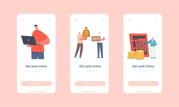 Online Payment Mobile App Seite Onboard Screen Template. Figuren, die bargeldlos mit Karten in Internet-Shops bezahlen — Stockvektor