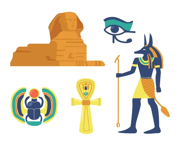 ชุดของสัญลักษณ์ทางศาสนาและสถานที่สําคัญของอียิปต์โบราณ Sphinx, Scarab และ Eye of Providence, Anubis อียิปต์ — ภาพเวกเตอร์สต็อก