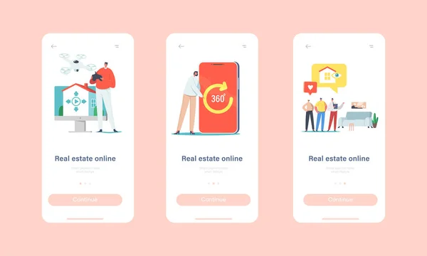 Real Estate Virtual Tour Mobile App Page Plantilla de pantalla a bordo. Agentes inmobiliarios y clientes eligen a distancia el apartamento para comprar — Archivo Imágenes Vectoriales